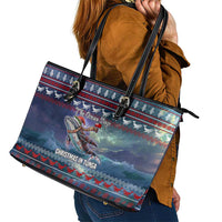 Tonga Christmas Leather Tote Bag with Singing Whale Ocean Scene National Coat of Arms - Polynesian Pride