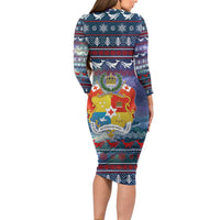 Tonga Christmas Long Sleeve Bodycon Dress with Singing Whale Ocean Scene National Coat of Arms TS04 - Polynesian Pride