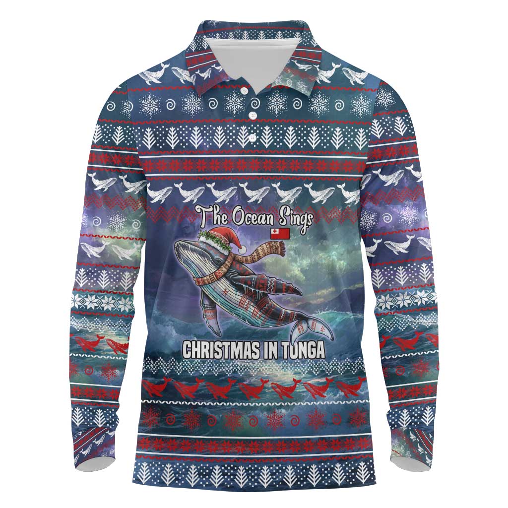 Tonga Christmas Long Sleeve Polo Shirt with Singing Whale Ocean Scene National Coat of Arms TS04 Multicolor - Polynesian Pride