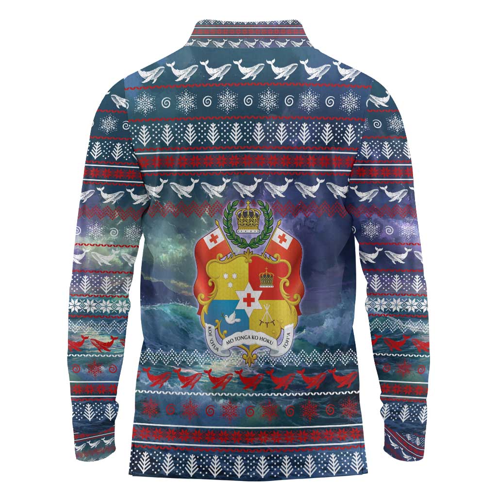 Tonga Christmas Long Sleeve Polo Shirt with Singing Whale Ocean Scene National Coat of Arms TS04 - Polynesian Pride