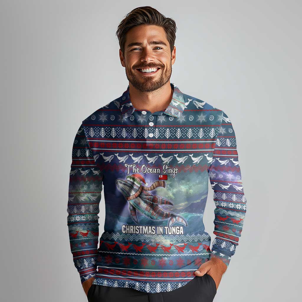Tonga Christmas Long Sleeve Polo Shirt with Singing Whale Ocean Scene National Coat of Arms TS04 - Polynesian Pride