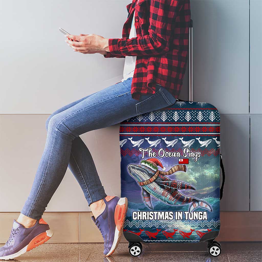 Tonga Christmas Luggage Cover with Singing Whale Ocean Scene National Coat of Arms - Polynesian Pride