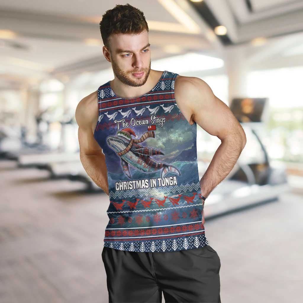 Tonga Christmas Men Tank Top with Singing Whale Ocean Scene National Coat of Arms - Polynesian Pride