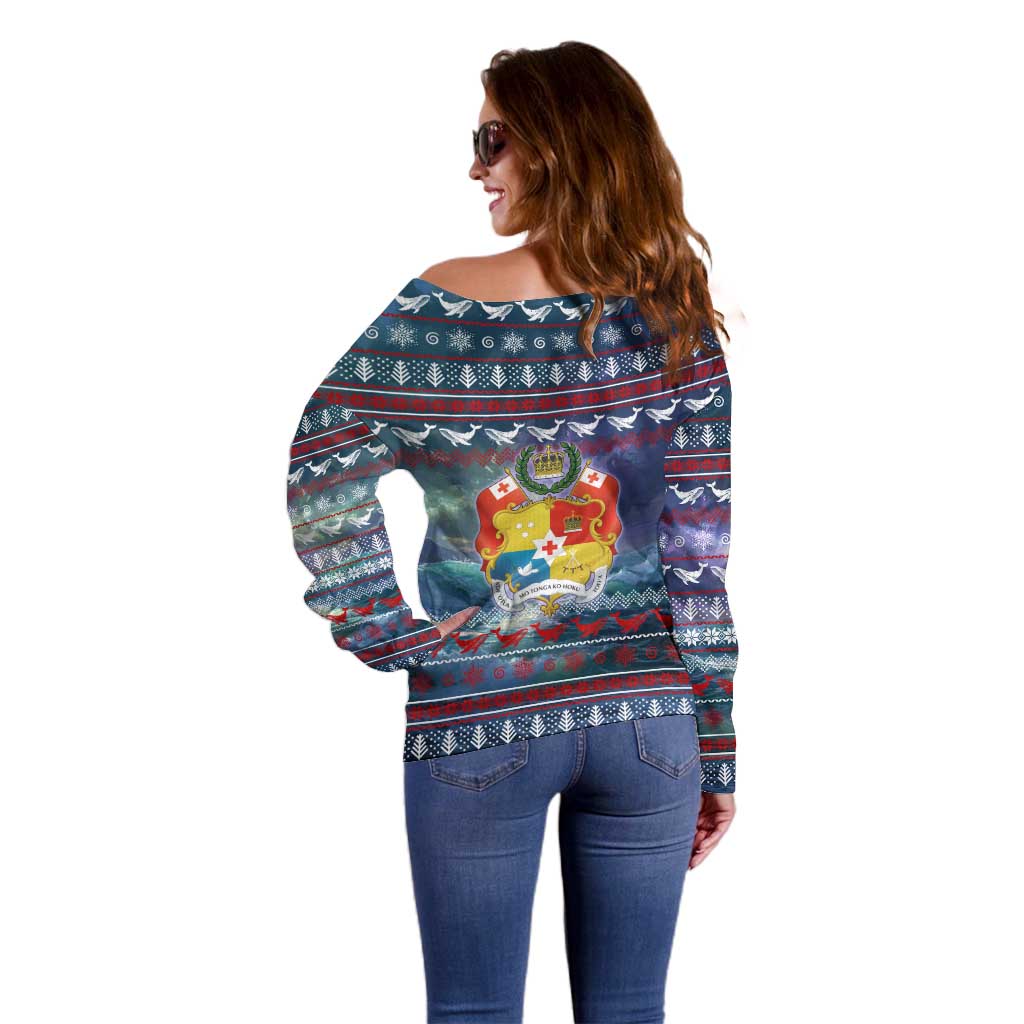 Tonga Christmas Off Shoulder Sweater with Singing Whale Ocean Scene National Coat of Arms TS04 - Polynesian Pride