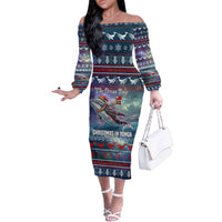 Tonga Christmas Off The Shoulder Long Sleeve Dress with Singing Whale Ocean Scene National Coat of Arms TS04 Women Multicolor - Polynesian Pride