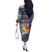 Tonga Christmas Off The Shoulder Long Sleeve Dress with Singing Whale Ocean Scene National Coat of Arms TS04 - Polynesian Pride