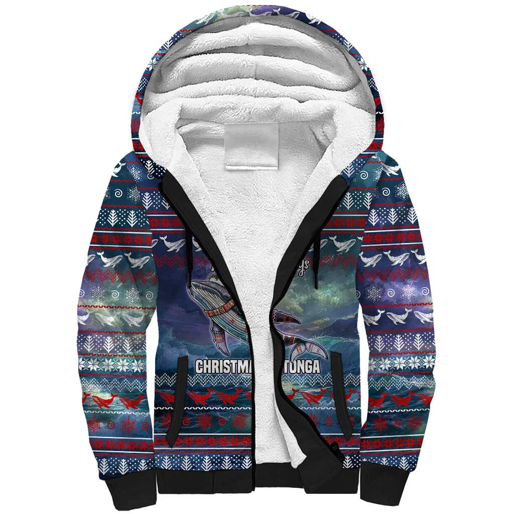 Tonga Christmas Sherpa Hoodie with Singing Whale Ocean Scene National Coat of Arms TS04 Unisex Multicolor - Polynesian Pride
