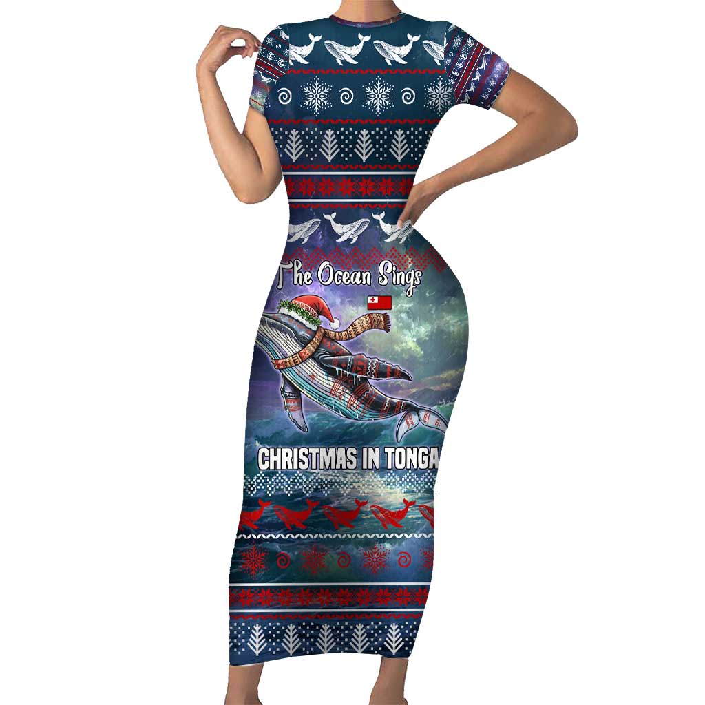 Tonga Christmas Short Sleeve Bodycon Dress with Singing Whale Ocean Scene National Coat of Arms TS04 Long Dress Multicolor - Polynesian Pride