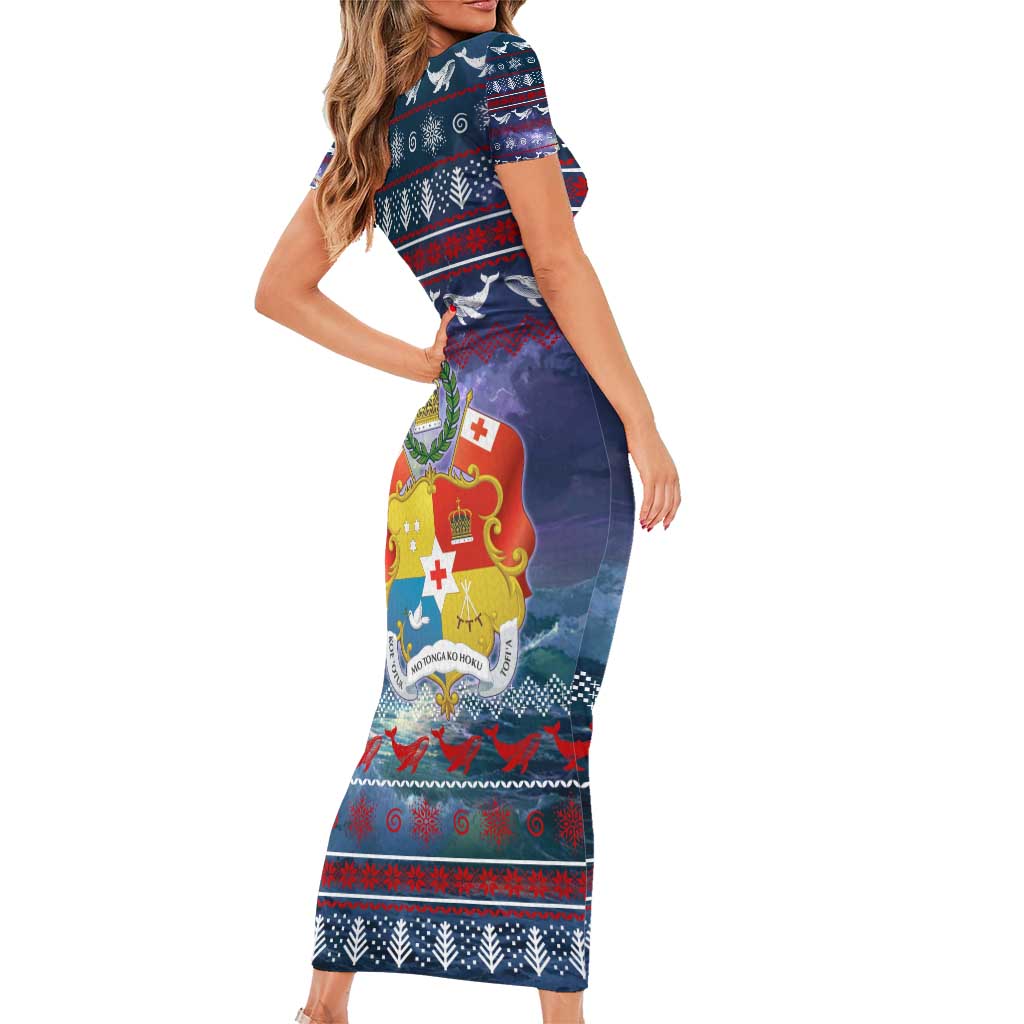Tonga Christmas Short Sleeve Bodycon Dress with Singing Whale Ocean Scene National Coat of Arms TS04 - Polynesian Pride