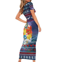 Tonga Christmas Short Sleeve Bodycon Dress with Singing Whale Ocean Scene National Coat of Arms TS04 - Polynesian Pride