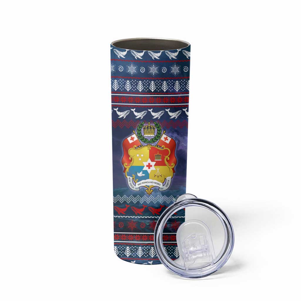 Tonga Christmas Skinny Tumbler with Singing Whale Ocean Scene National Coat of Arms TS04 - Polynesian Pride