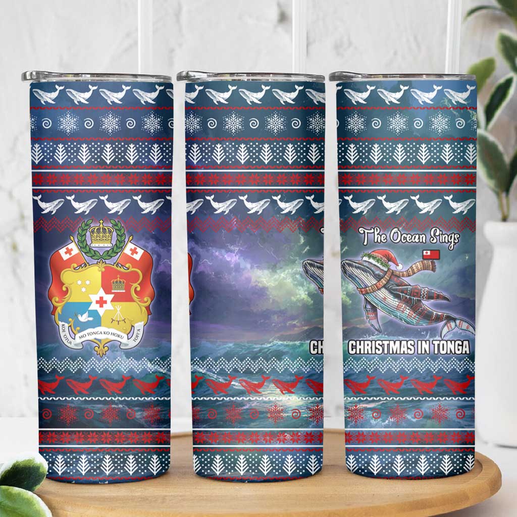 Tonga Christmas Skinny Tumbler with Singing Whale Ocean Scene National Coat of Arms TS04 - Polynesian Pride