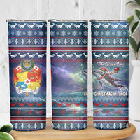 Tonga Christmas Skinny Tumbler with Singing Whale Ocean Scene National Coat of Arms TS04 - Polynesian Pride