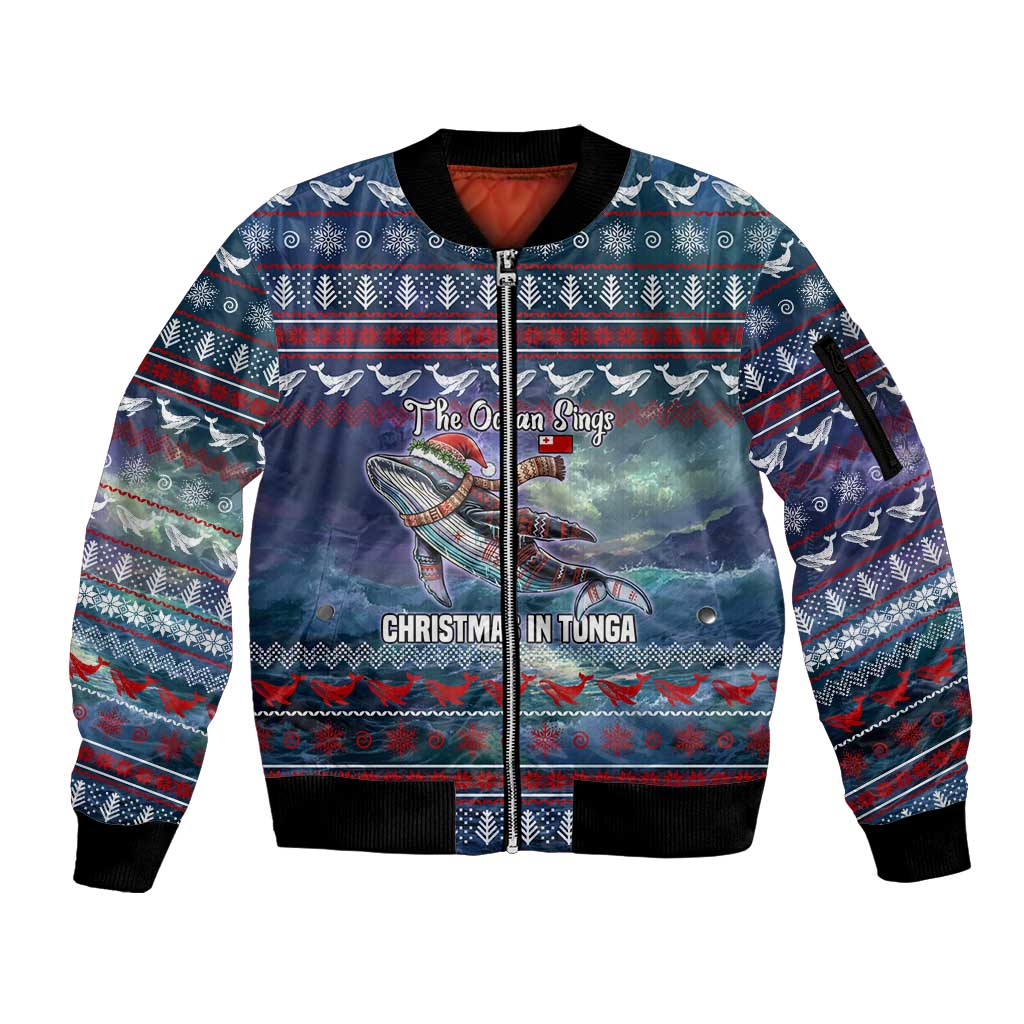Tonga Christmas Sleeve Zip Bomber Jacket with Singing Whale Ocean Scene National Coat of Arms TS04 Unisex Multicolor - Polynesian Pride