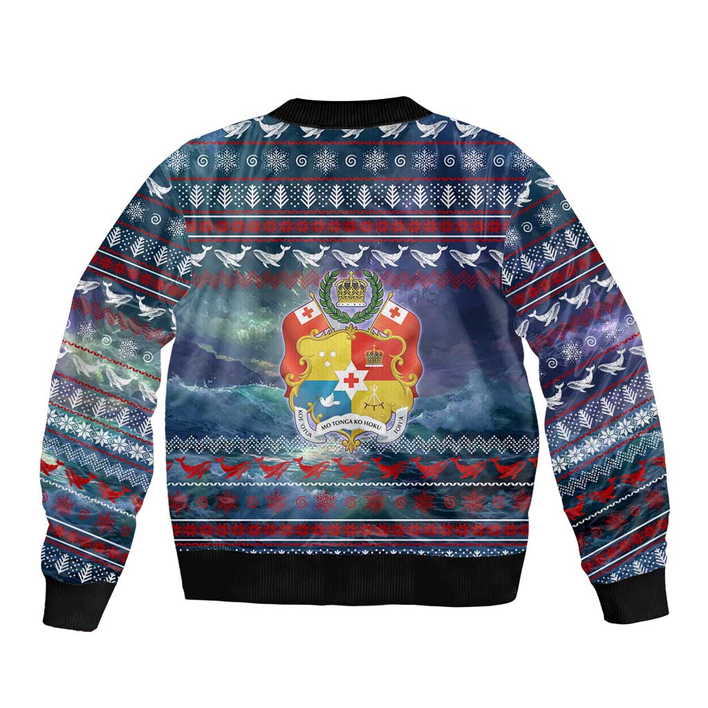 Tonga Christmas Sleeve Zip Bomber Jacket with Singing Whale Ocean Scene National Coat of Arms TS04 - Polynesian Pride