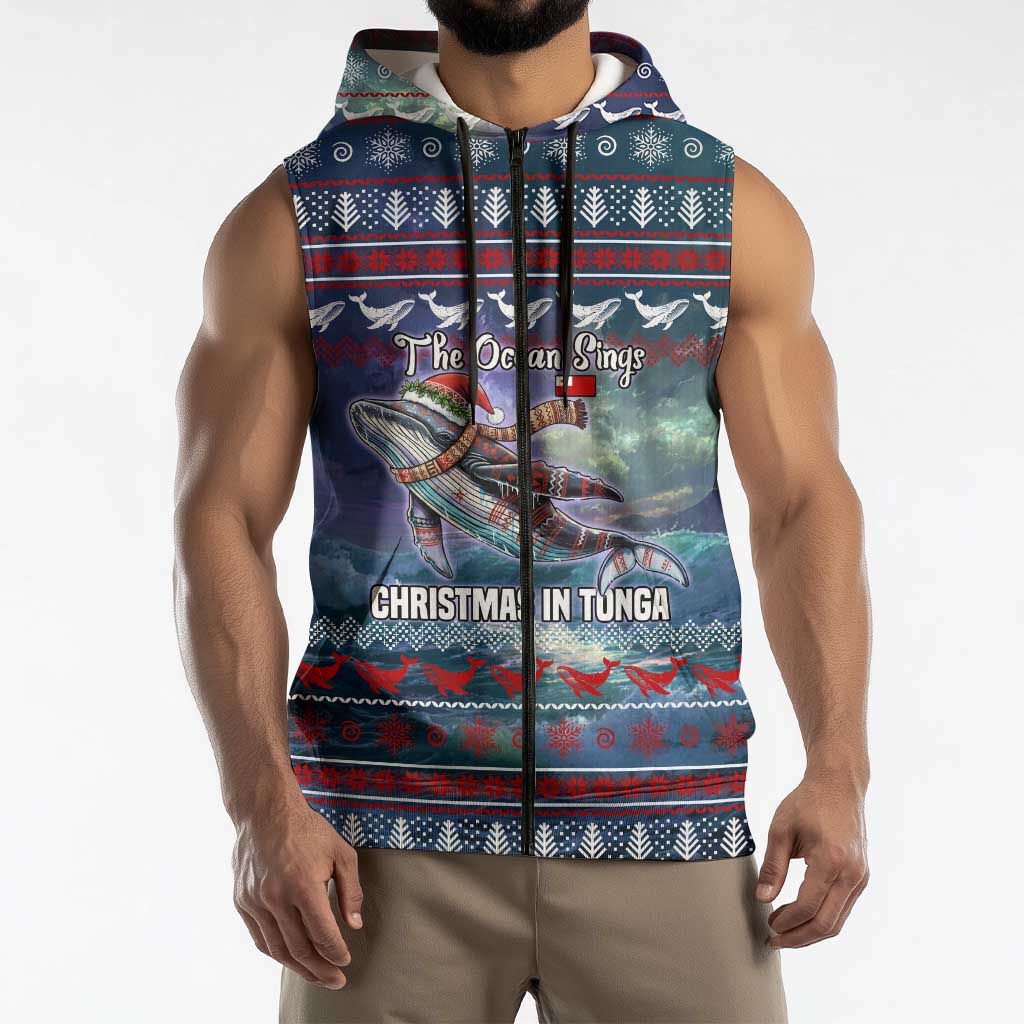 Tonga Christmas Sleeveless Zip Hoodie with Singing Whale Ocean Scene National Coat of Arms TS04 - Polynesian Pride