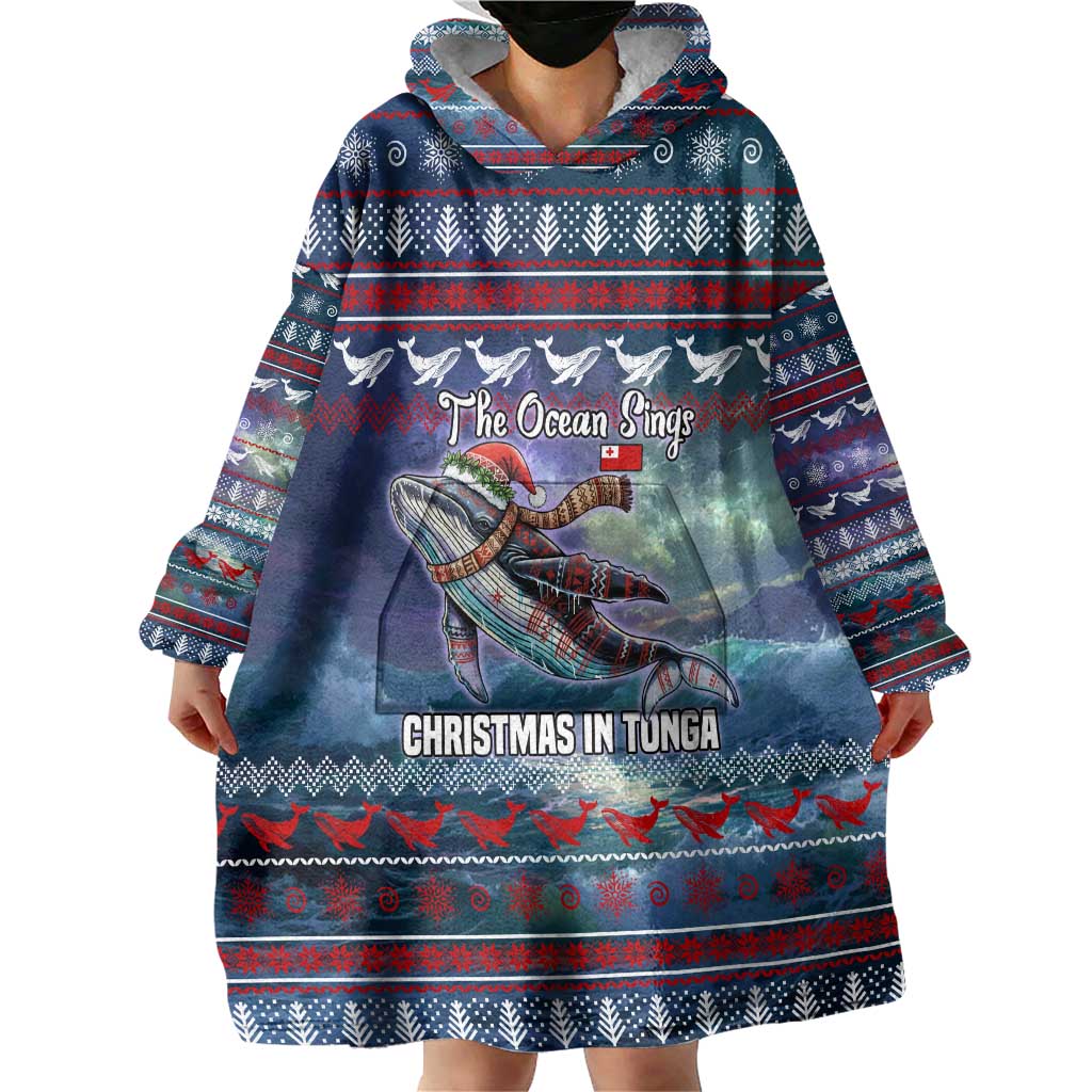 Tonga Christmas Wearable Blanket Hoodie with Singing Whale Ocean Scene National Coat of Arms TS04 - Polynesian Pride