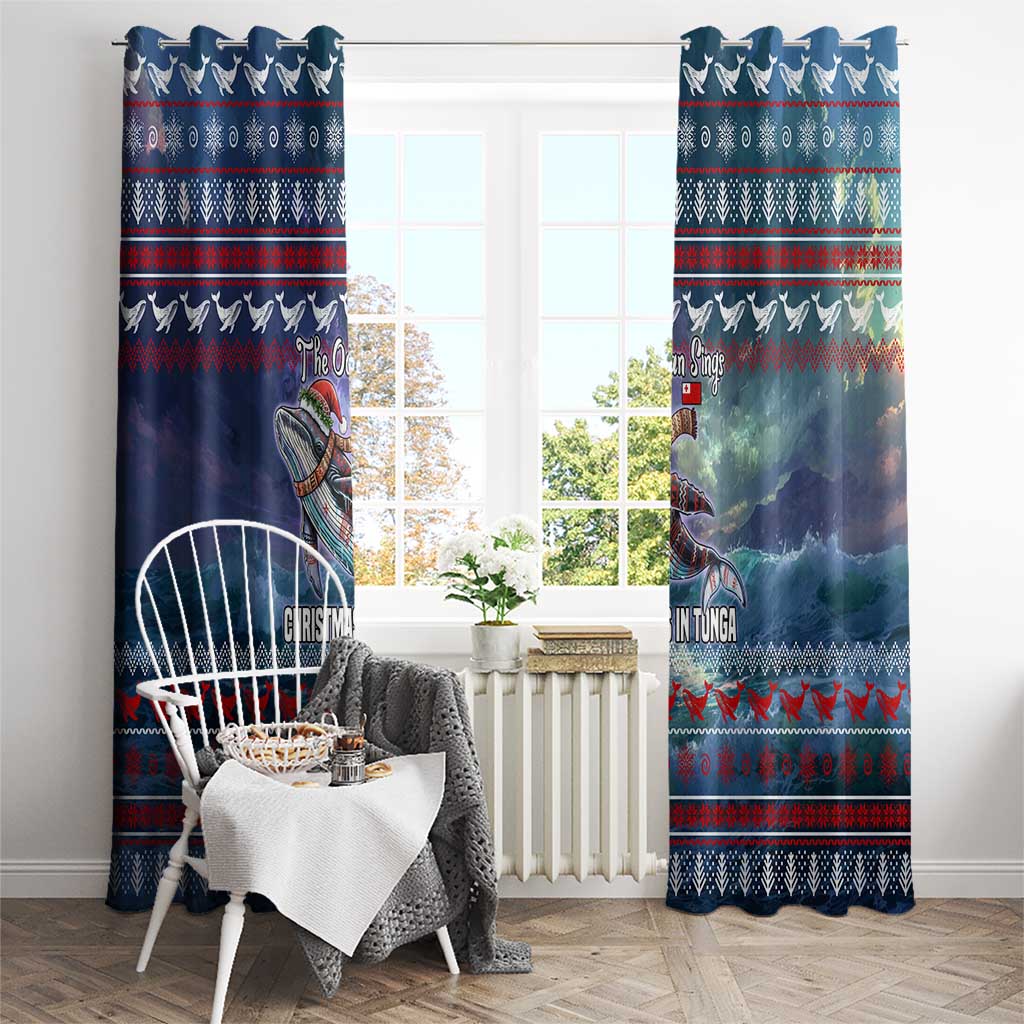 Tonga Christmas Window Curtain with Singing Whale Ocean Scene National Coat of Arms - Polynesian Pride