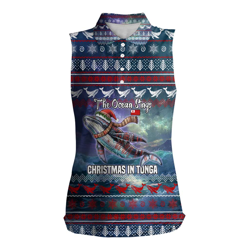 Tonga Christmas Women Sleeveless Polo Shirt with Singing Whale Ocean Scene National Coat of Arms TS04 Female Multicolor - Polynesian Pride
