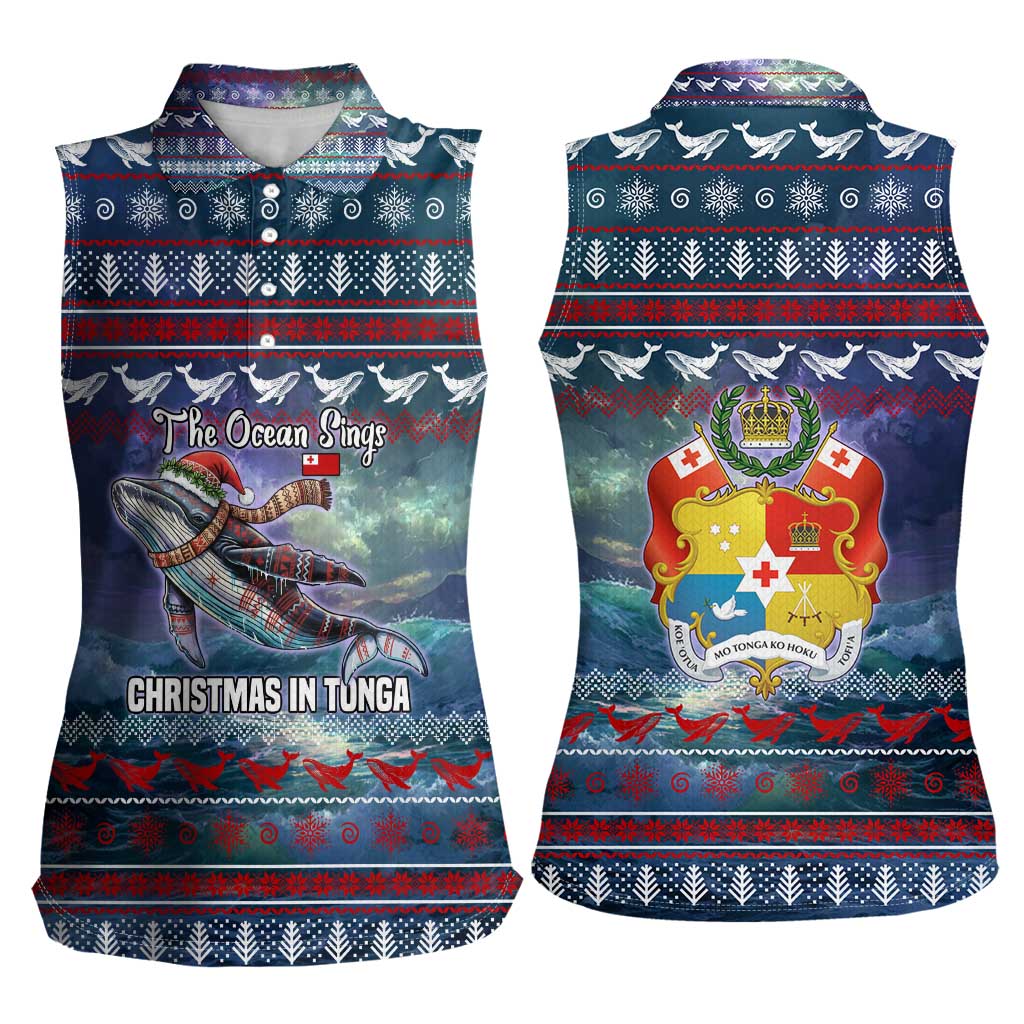 Tonga Christmas Women Sleeveless Polo Shirt with Singing Whale Ocean Scene National Coat of Arms TS04 - Polynesian Pride