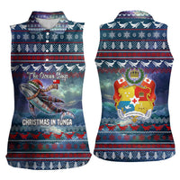Tonga Christmas Women Sleeveless Polo Shirt with Singing Whale Ocean Scene National Coat of Arms TS04 - Polynesian Pride