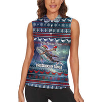 Tonga Christmas Women Sleeveless Polo Shirt with Singing Whale Ocean Scene National Coat of Arms TS04 - Polynesian Pride