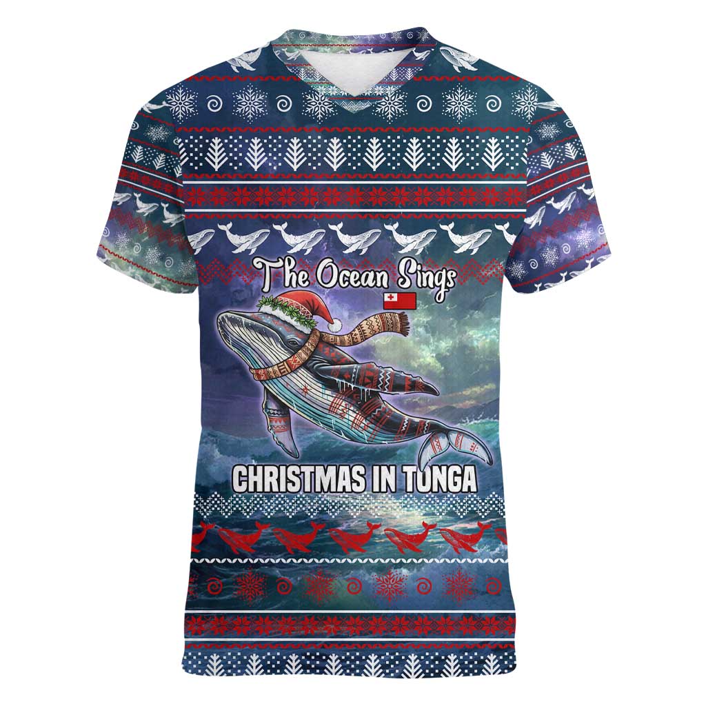 Tonga Christmas Women V-Neck T-Shirt with Singing Whale Ocean Scene National Coat of Arms TS04 Female Multicolor - Polynesian Pride