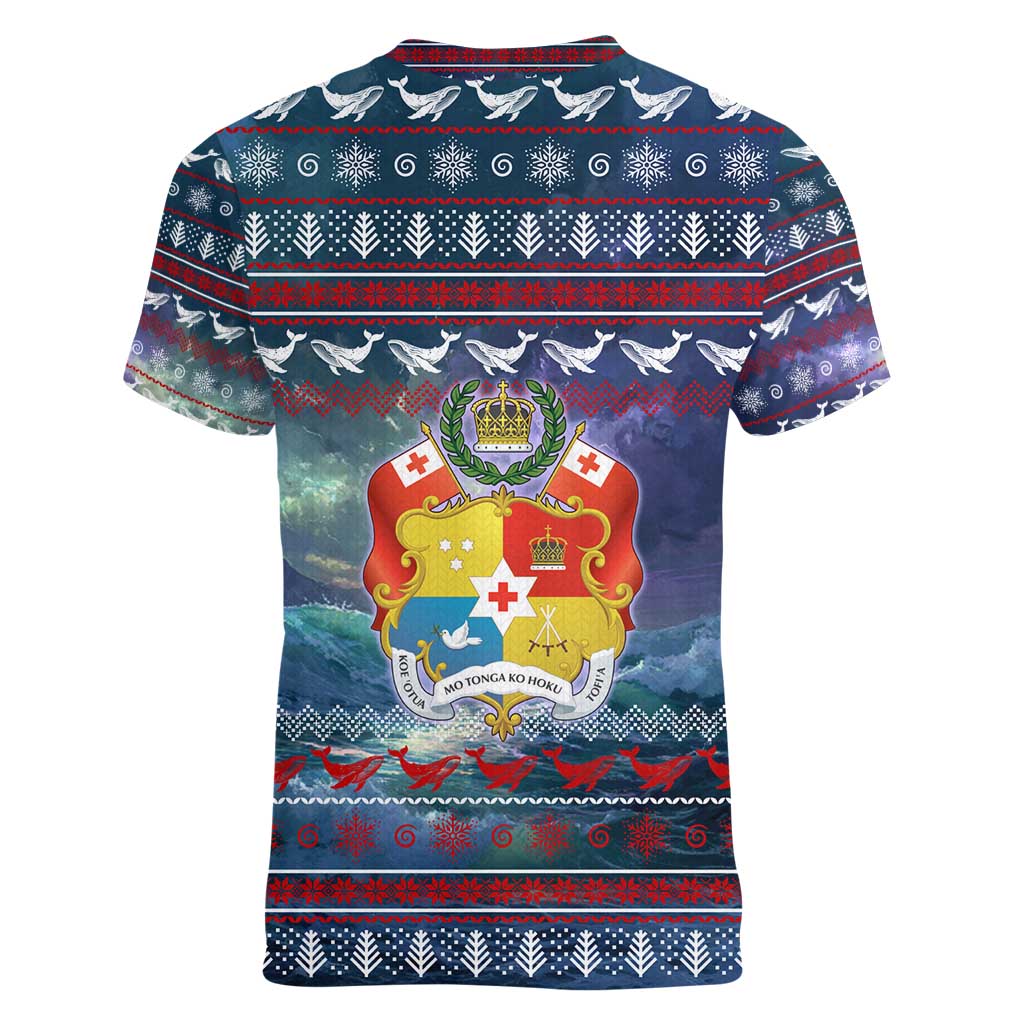 Tonga Christmas Women V-Neck T-Shirt with Singing Whale Ocean Scene National Coat of Arms TS04 - Polynesian Pride