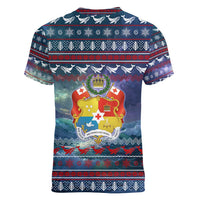 Tonga Christmas Women V-Neck T-Shirt with Singing Whale Ocean Scene National Coat of Arms TS04 - Polynesian Pride