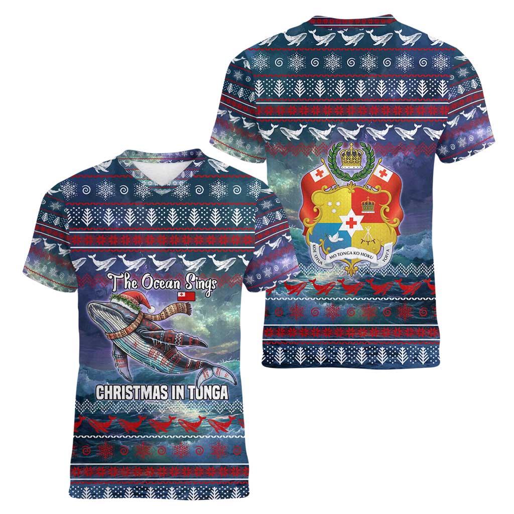Tonga Christmas Women V-Neck T-Shirt with Singing Whale Ocean Scene National Coat of Arms TS04 - Polynesian Pride
