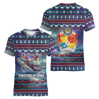 Tonga Christmas Women V-Neck T-Shirt with Singing Whale Ocean Scene National Coat of Arms TS04 - Polynesian Pride