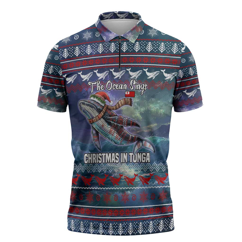 Tonga Christmas Zipper Polo Shirt with Singing Whale Ocean Scene National Coat of Arms TS04 Multicolor - Polynesian Pride