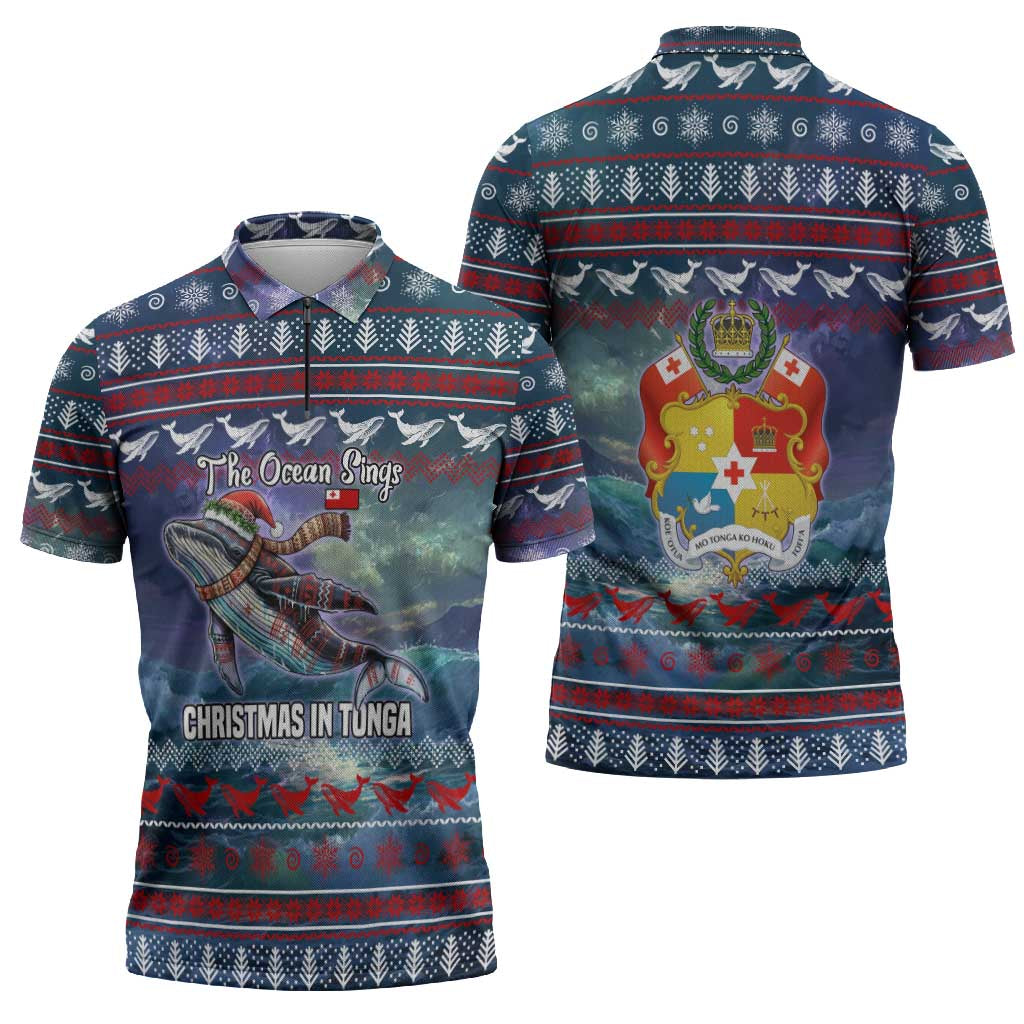 Tonga Christmas Zipper Polo Shirt with Singing Whale Ocean Scene National Coat of Arms TS04 - Polynesian Pride