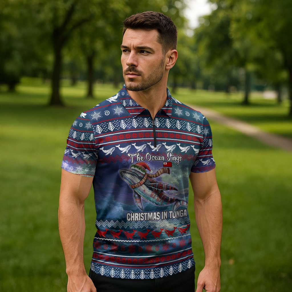 Tonga Christmas Zipper Polo Shirt with Singing Whale Ocean Scene National Coat of Arms TS04 - Polynesian Pride
