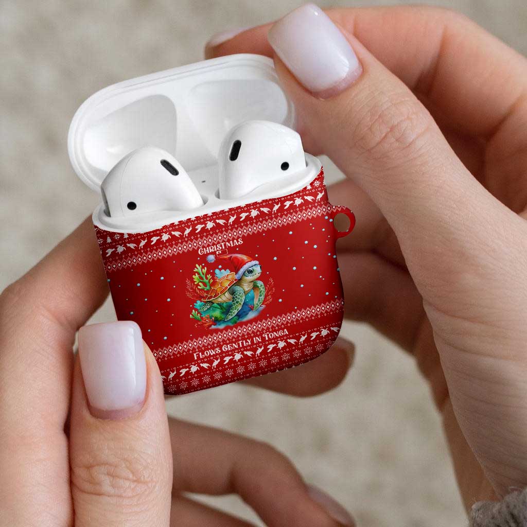 Tonga Christmas AirPods Case with Sea Turtle Coral Reef Design Snowflake Pattern and National Emblem - Polynesian Pride