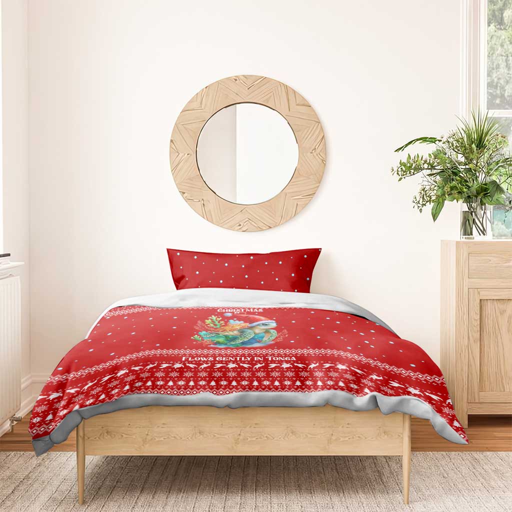 Tonga Christmas Bedding Set with Sea Turtle Coral Reef Design Snowflake Pattern and National Emblem - Polynesian Pride