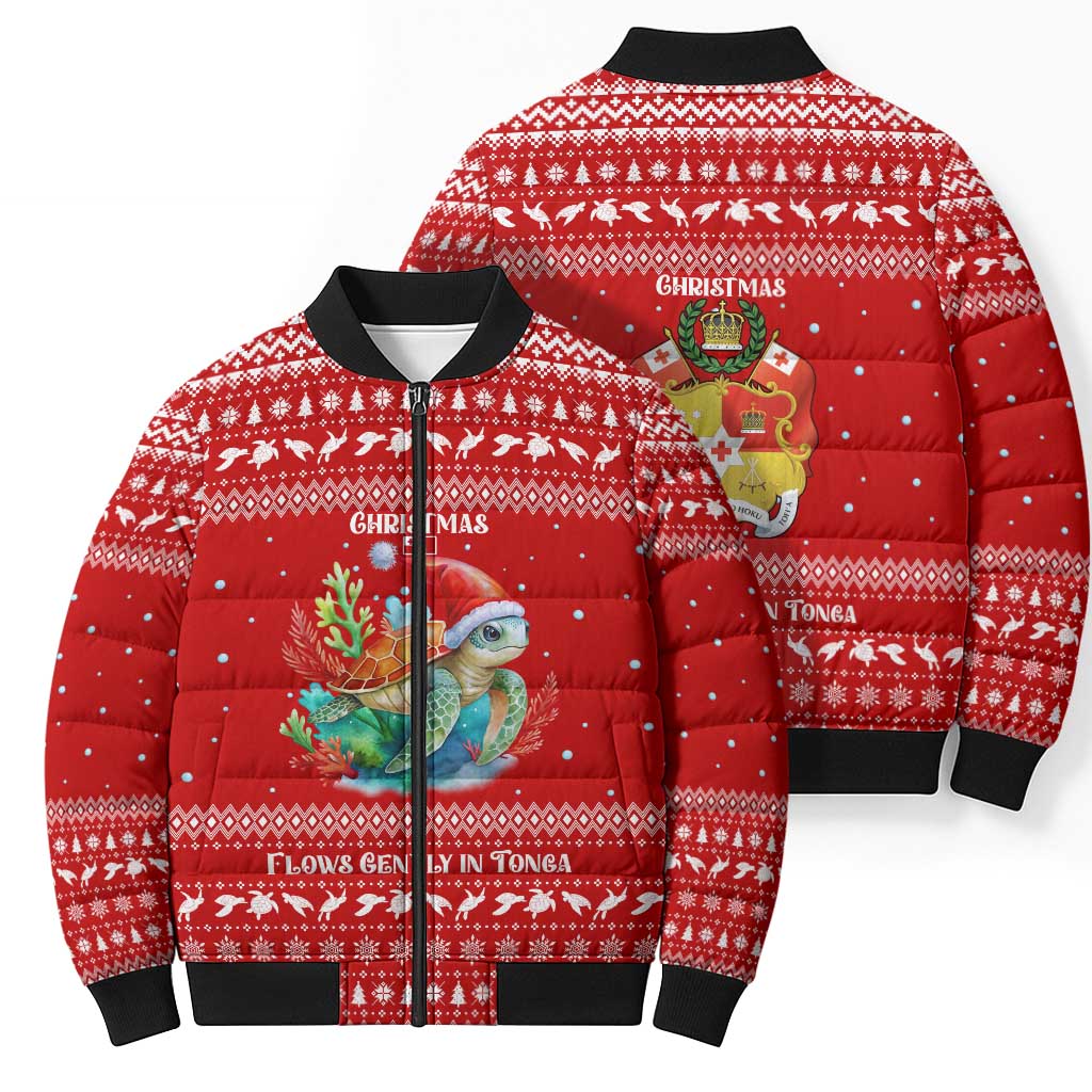 Tonga Christmas Bomber Puffer Jacket with Sea Turtle Coral Reef Design Snowflake Pattern and National Emblem - Polynesian Pride