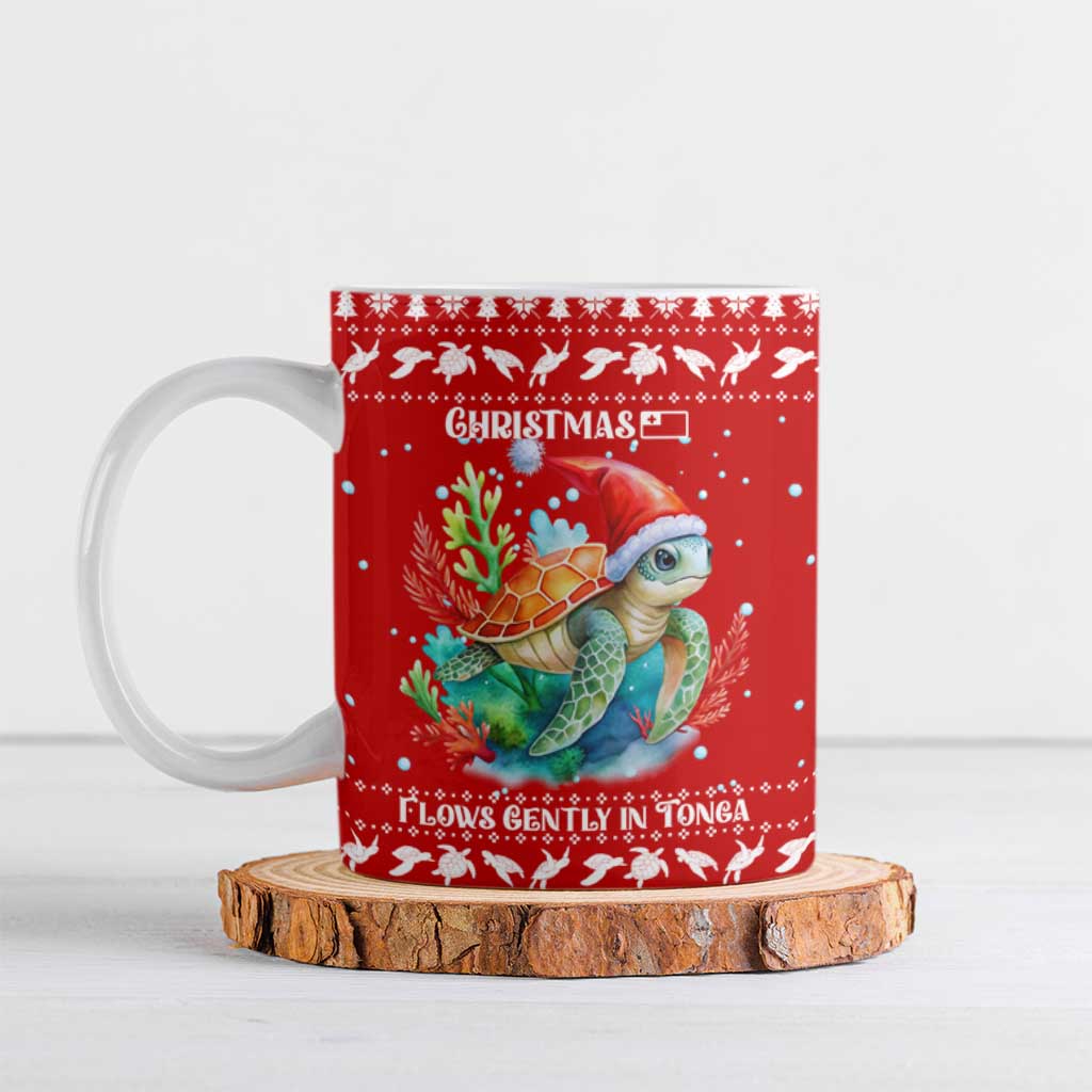 Tonga Christmas Ceramic Mug with Sea Turtle Coral Reef Design Snowflake Pattern and National Emblem TS04 Red White - Polynesian Pride