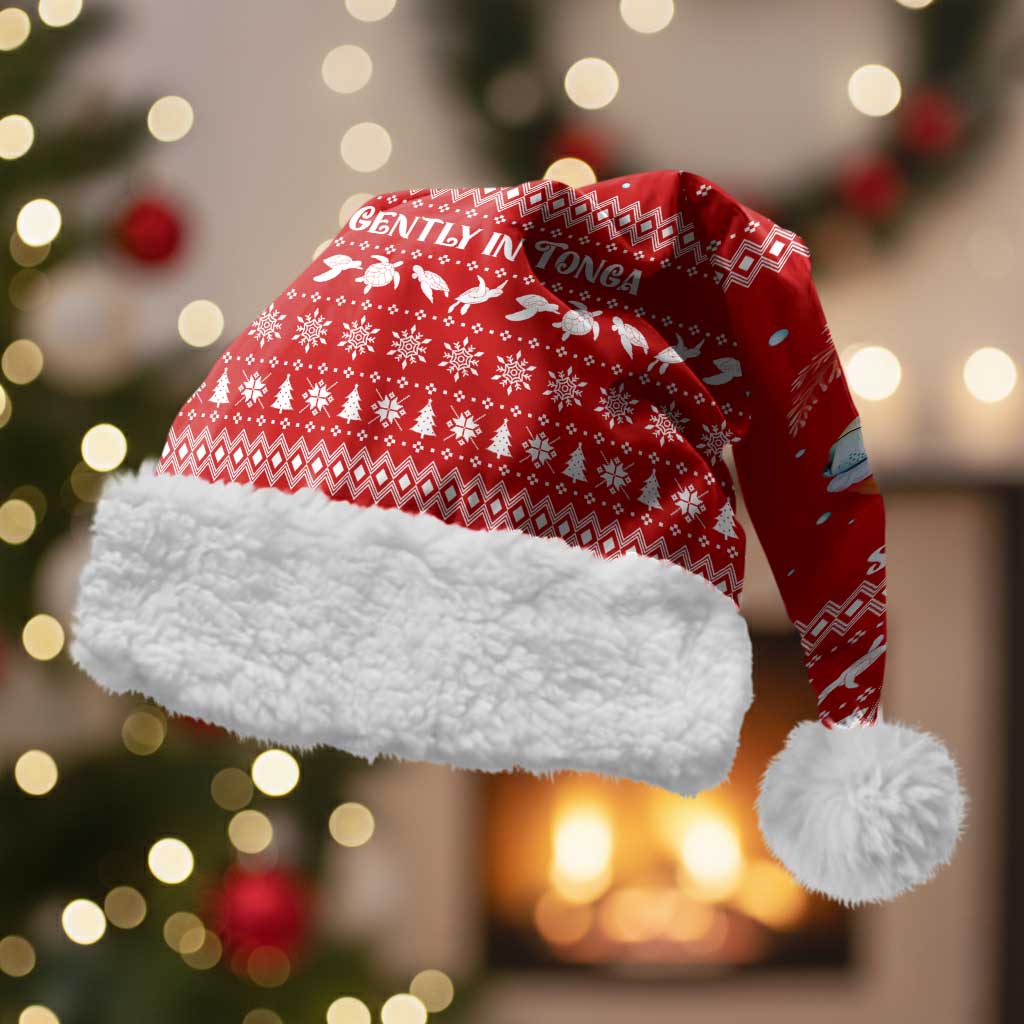 Tonga Christmas Santa Hat with Sea Turtle Coral Reef Design Snowflake Pattern and National Emblem TS04 With Fur Red White - Polynesian Pride
