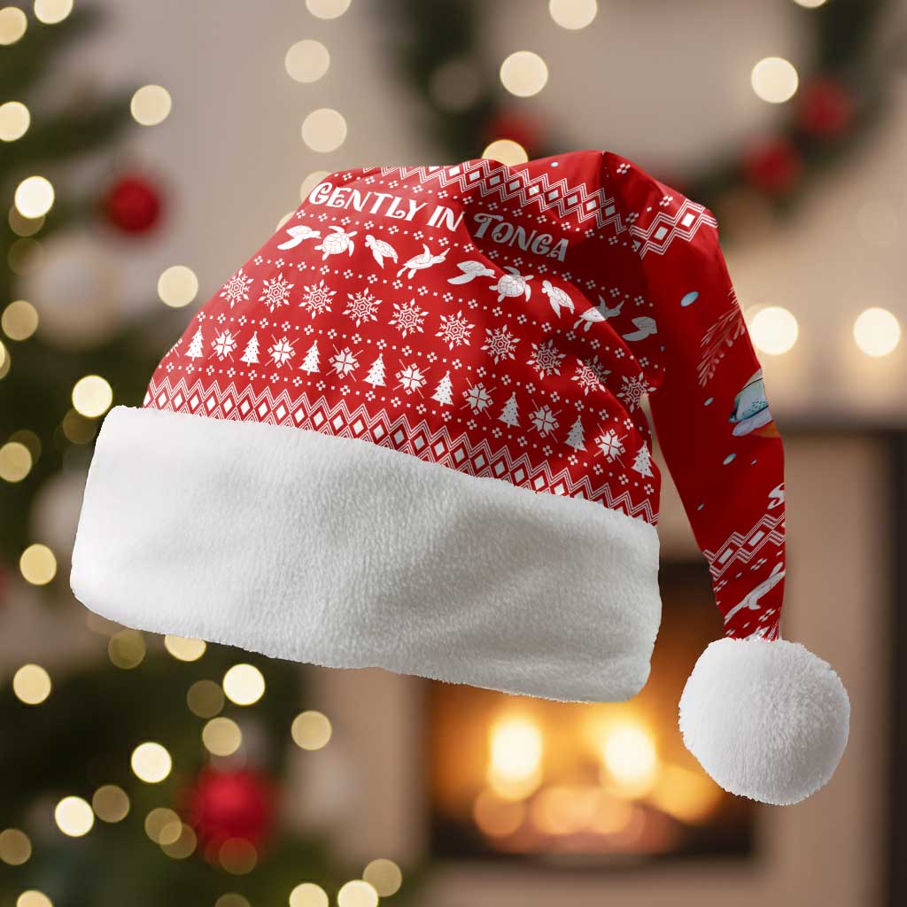 Tonga Christmas Santa Hat with Sea Turtle Coral Reef Design Snowflake Pattern and National Emblem TS04 Without Fur Red White - Polynesian Pride