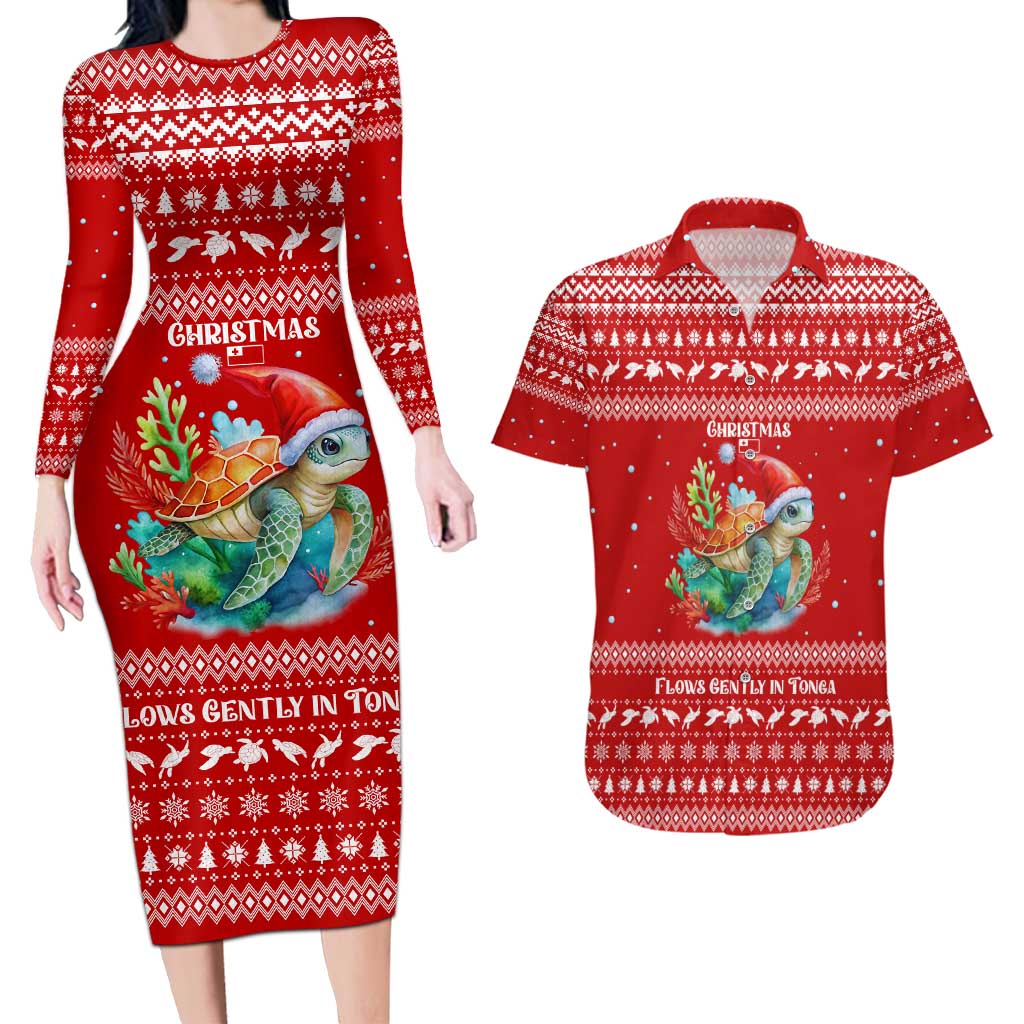 Tonga Christmas Couples Matching Long Sleeve Bodycon Dress and Hawaiian Shirt with Sea Turtle Coral Reef Design Snowflake Pattern and National Emblem TS04 Red White - Polynesian Pride