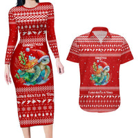Tonga Christmas Couples Matching Long Sleeve Bodycon Dress and Hawaiian Shirt with Sea Turtle Coral Reef Design Snowflake Pattern and National Emblem TS04 Red White - Polynesian Pride