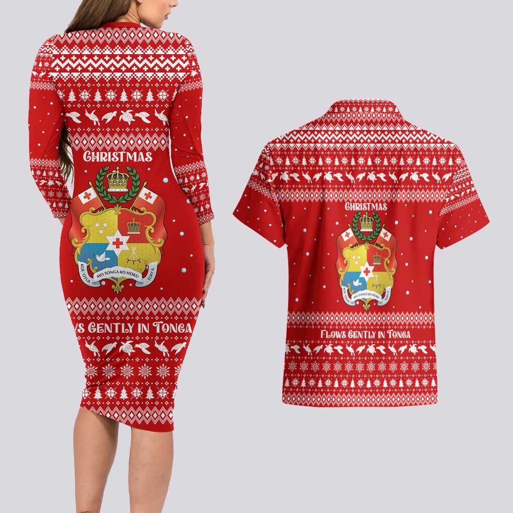 Tonga Christmas Couples Matching Long Sleeve Bodycon Dress and Hawaiian Shirt with Sea Turtle Coral Reef Design Snowflake Pattern and National Emblem TS04 - Polynesian Pride
