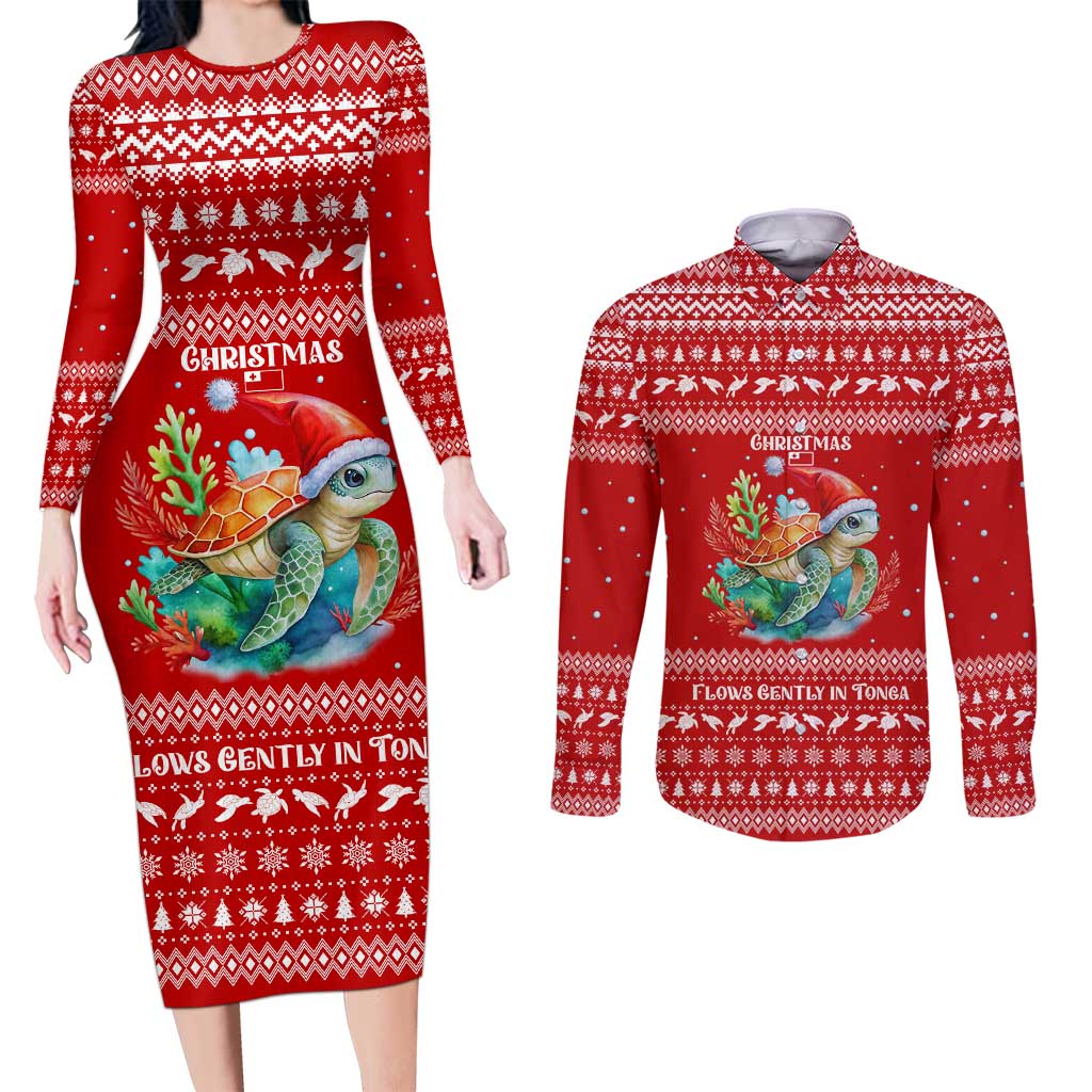 Tonga Christmas Couples Matching Long Sleeve Bodycon Dress and Long Sleeve Button Shirt with Sea Turtle Coral Reef Design Snowflake Pattern and National Emblem TS04 Red White - Polynesian Pride
