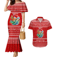Tonga Christmas Couples Matching Mermaid Dress and Hawaiian Shirt with Sea Turtle Coral Reef Design Snowflake Pattern and National Emblem TS04 Red White - Polynesian Pride