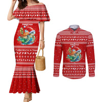 Tonga Christmas Couples Matching Mermaid Dress and Long Sleeve Button Shirt with Sea Turtle Coral Reef Design Snowflake Pattern and National Emblem TS04 Red White - Polynesian Pride
