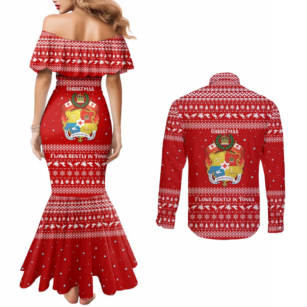 Tonga Christmas Couples Matching Mermaid Dress and Long Sleeve Button Shirt with Sea Turtle Coral Reef Design Snowflake Pattern and National Emblem TS04 - Polynesian Pride