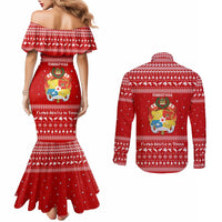 Tonga Christmas Couples Matching Mermaid Dress and Long Sleeve Button Shirt with Sea Turtle Coral Reef Design Snowflake Pattern and National Emblem TS04 - Polynesian Pride