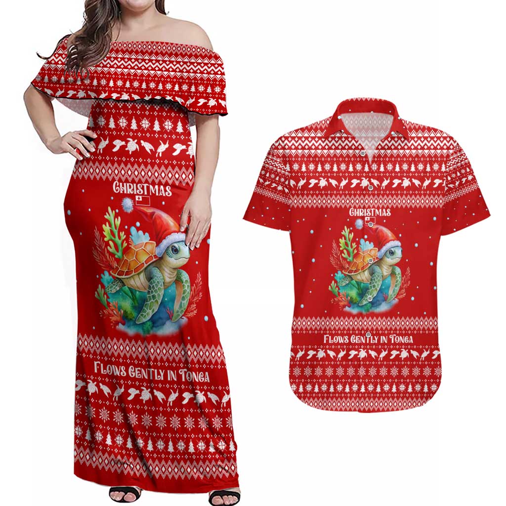 Tonga Christmas Couples Matching Off Shoulder Maxi Dress and Hawaiian Shirt with Sea Turtle Coral Reef Design Snowflake Pattern and National Emblem TS04 Red White - Polynesian Pride