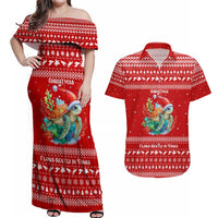 Tonga Christmas Couples Matching Off Shoulder Maxi Dress and Hawaiian Shirt with Sea Turtle Coral Reef Design Snowflake Pattern and National Emblem TS04 Red White - Polynesian Pride